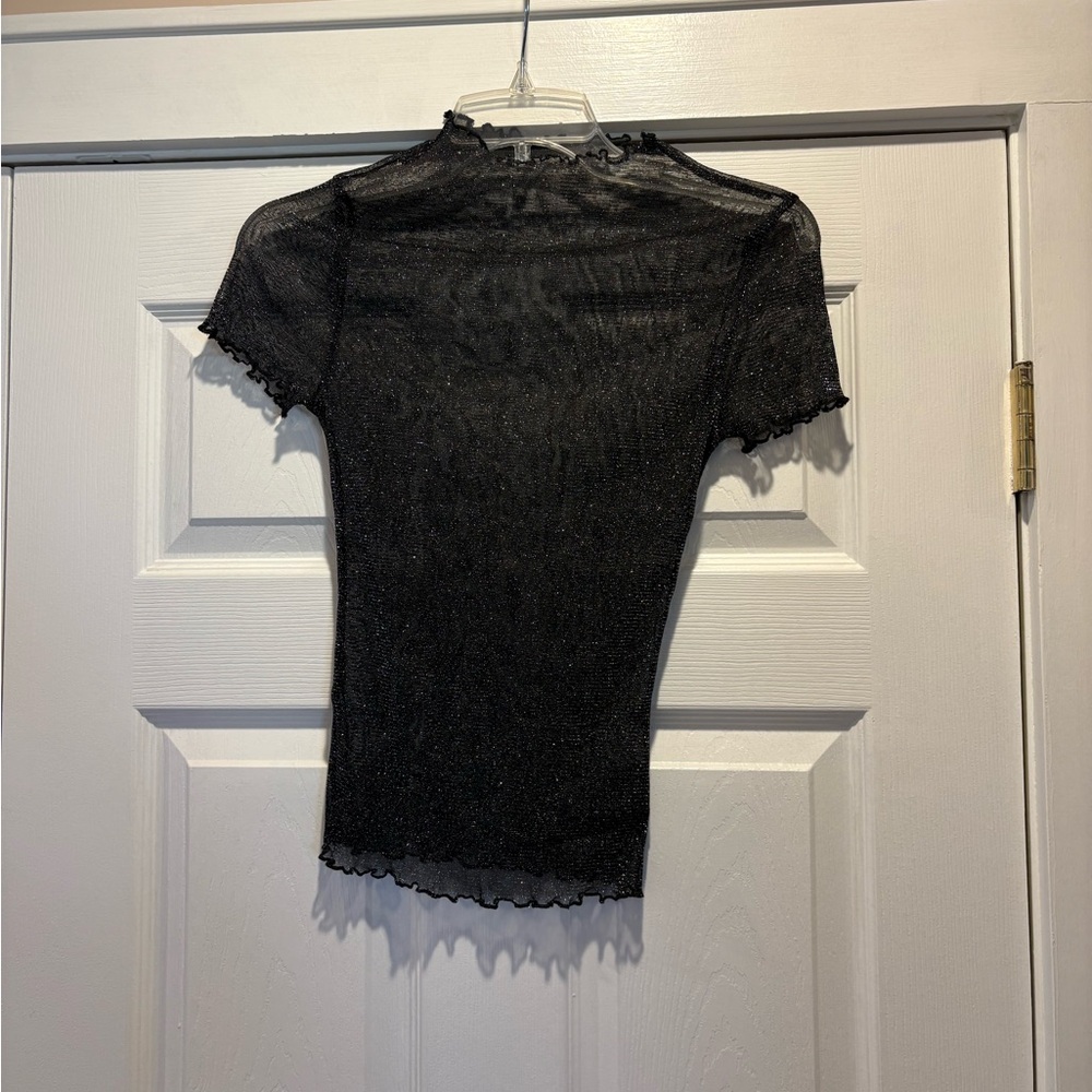SHEIN Black Short Sleeve Sheer Ruffle Mock Neck Tee